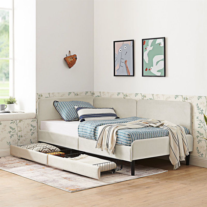 Upholstered Platm Bed Frame With Drawers, Beige, Twin