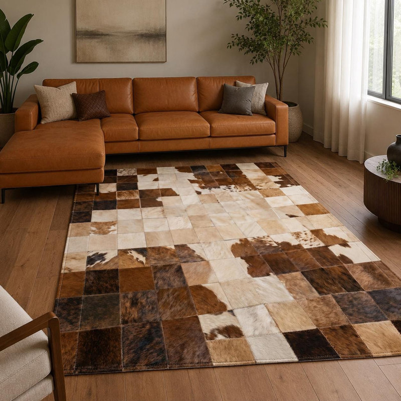 Tapis en cuir de vache patchwork fait à la main, tapis en cuir véritable, tons de brun beige, Tapis de couloir 2,5 x 8 pi