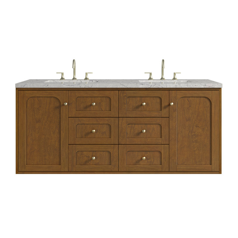 Meuble-lavabo double 60 po Laurent, Perle jasmin éternelle, Centres de 8 po, Chêne miel