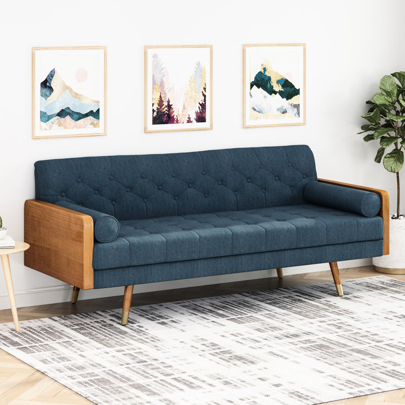 Tissu de style Mid-Century moderne avec capitonnage à boutons, capitonnage bleu marine et surpiqûres en losanges