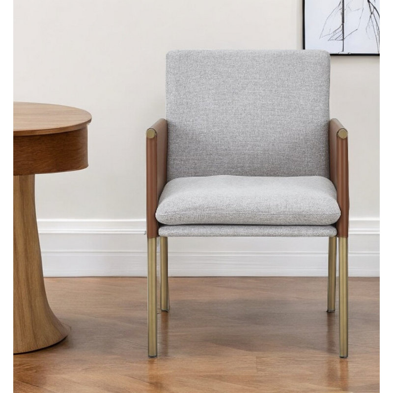 Light Grey And Antiqued Brass Upholstered Fabric Dining Arm Chair