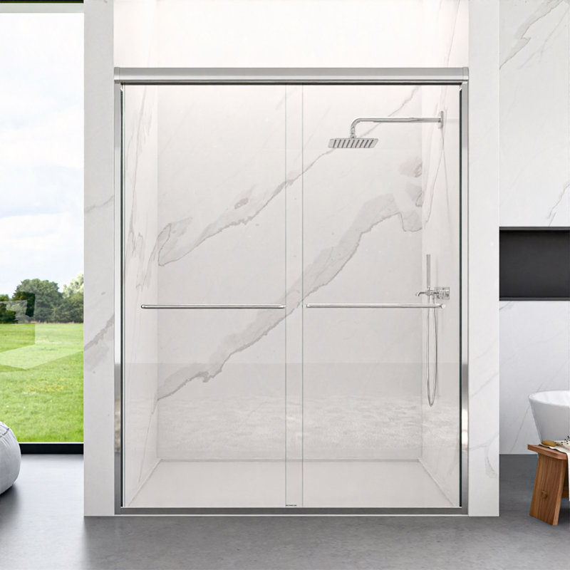 56"-60"W*72" H Semi-Frameless Double Sliding Shower Door, Shower Door, 1/4" (6Mm) Thick SGCC Tempered Glass Door, Chrome