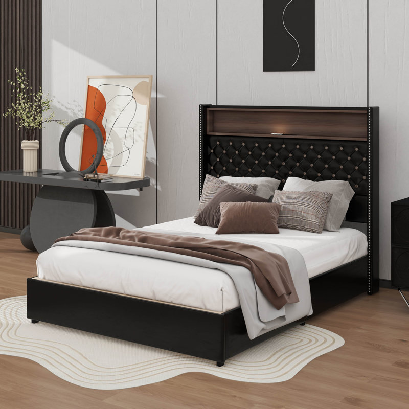 Structure de lit double en velours capitonné pleine grandeur, avec USB et veilleuse, lit plateforme à oreilles avec tablette de tête de lit intégrée