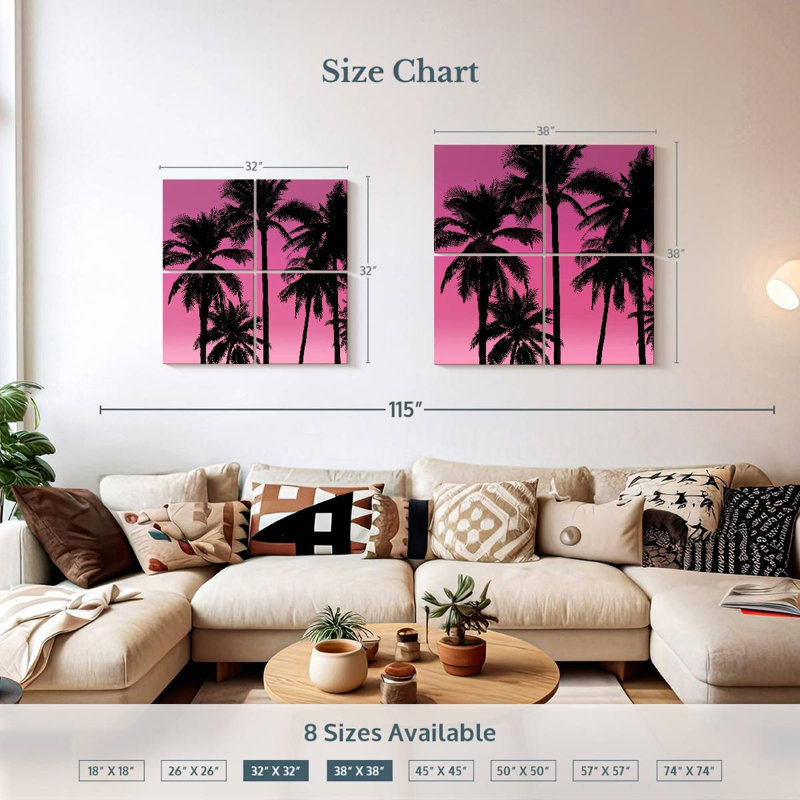 Gillard Palms noir sur rose I, H 32 po x l 32 po