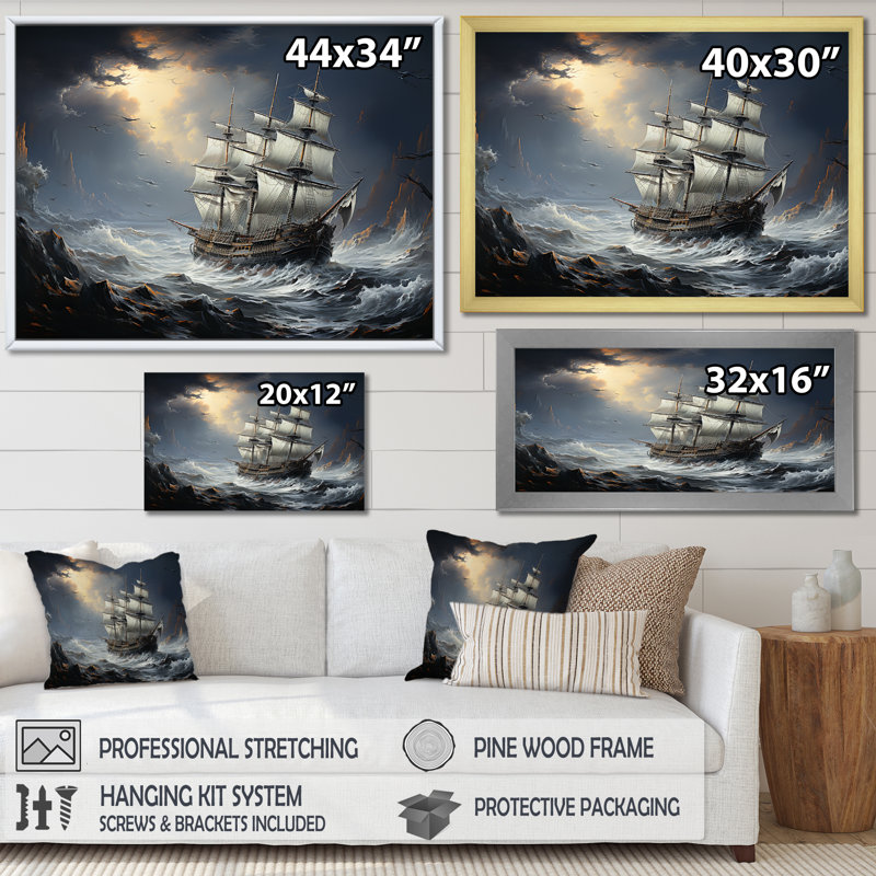 Pirate Ship At Stormy Seas I On Canvas Print, 30" H x 40" W x 1.5" D, Black Single Picture Framed
