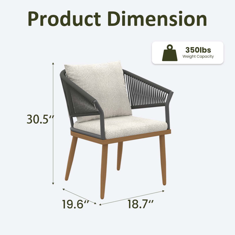 Patio Dining Armchair with Cushion, Beige / Brown Wood, 6