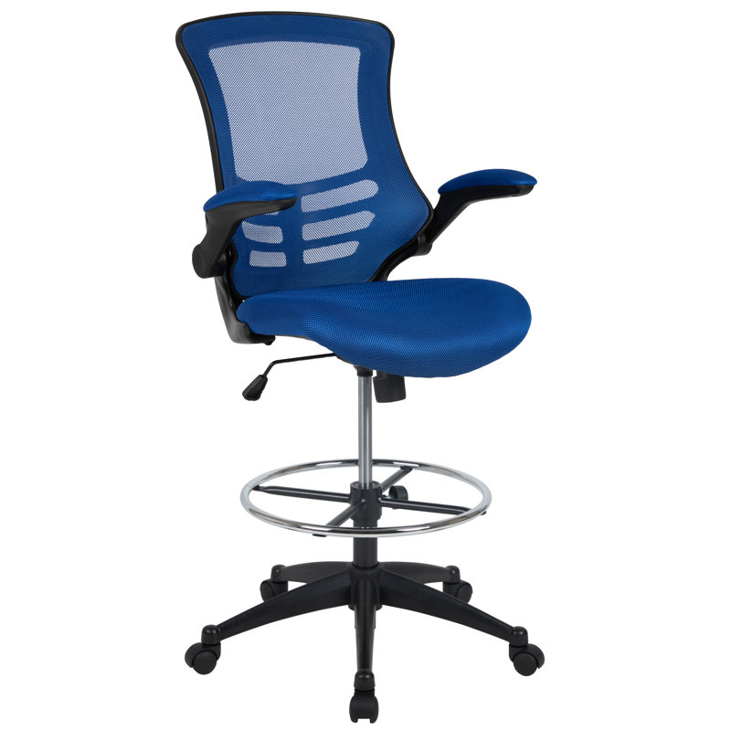 Mid-Back Mesh Ergonomic Drafting Chair with Adjustable Foot Ring and Flip-Up Arms, Blue