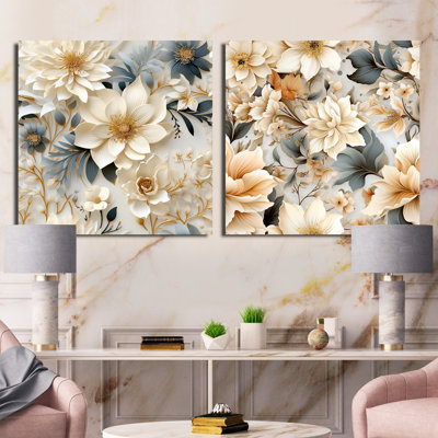 Ensemble de 2 collage éthéré bleu et blanc à motif de chrysanthèmes - motif floral carré