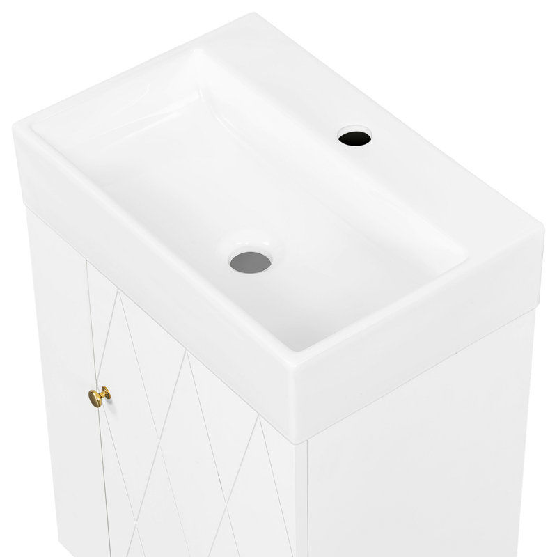 Meuble-lavabo de 20 po avec lavabo en céramique, porte à motif de losanges, poignées dorées et tablettes de rangement latérales - petit cabinet moderne avec barre à serviettes, fabrication en panneau de fibres à densité moyenne, assemblage requis