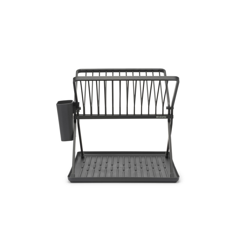 Compact Foldable Dark Gray Metal Dish Drying Rack with Utensil Cup