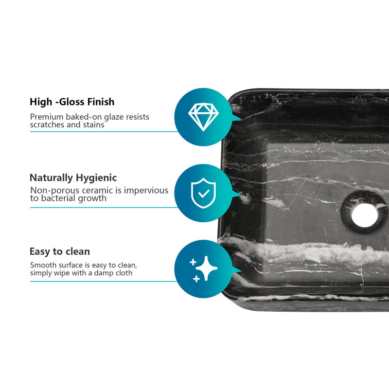 Black and Gray Marble Ceramic Rectangular Vessel Sink