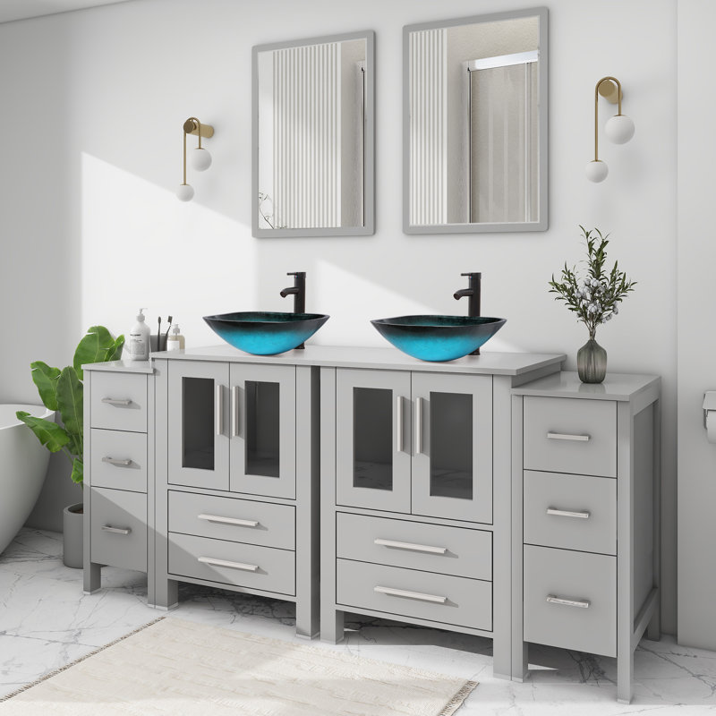 72" Double Bathroom Vanity Set with Glass Sink Top, Water Saving Faucet, Gray, Gray