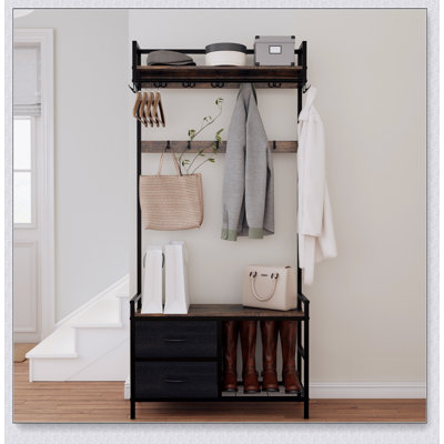 33.1 Inch Wide Hall Tree with 2 Movable Drawers, Shoe Storage, Shelves, and Garment Racks, 5-in-1 Entryway Organizer