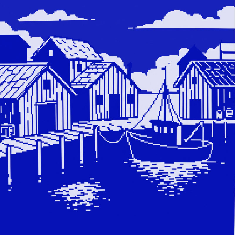 Couette en pixel art représentant une scène de port, Simple extra long, Bleu moyen / blanc clair