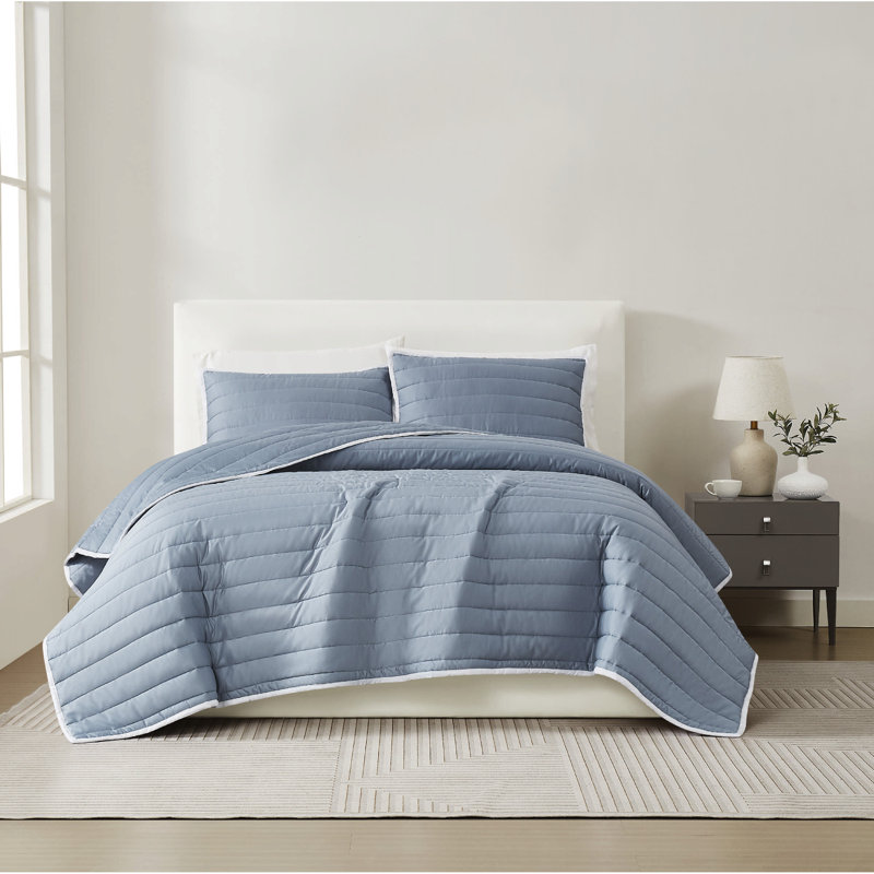 Blue Cotton Sateen Twin XL Quilt Set with Shams