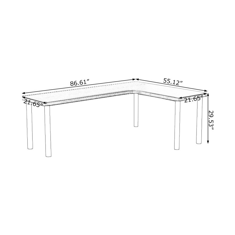 Bureau noir en bois massif en forme de L, Retour à droite, H 29,53 po x l 86,61 po x P 21,65 po