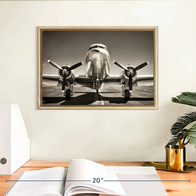 Avion rétro noir et blanc, Cadre flottant en bois naturel, 13 po x 9 po