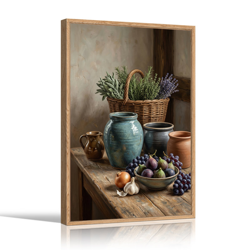 Tableau sur toile représentant un panier d'herbes aromatiques et de fruits frais sur une table en bois, H 48 po x l 36 po