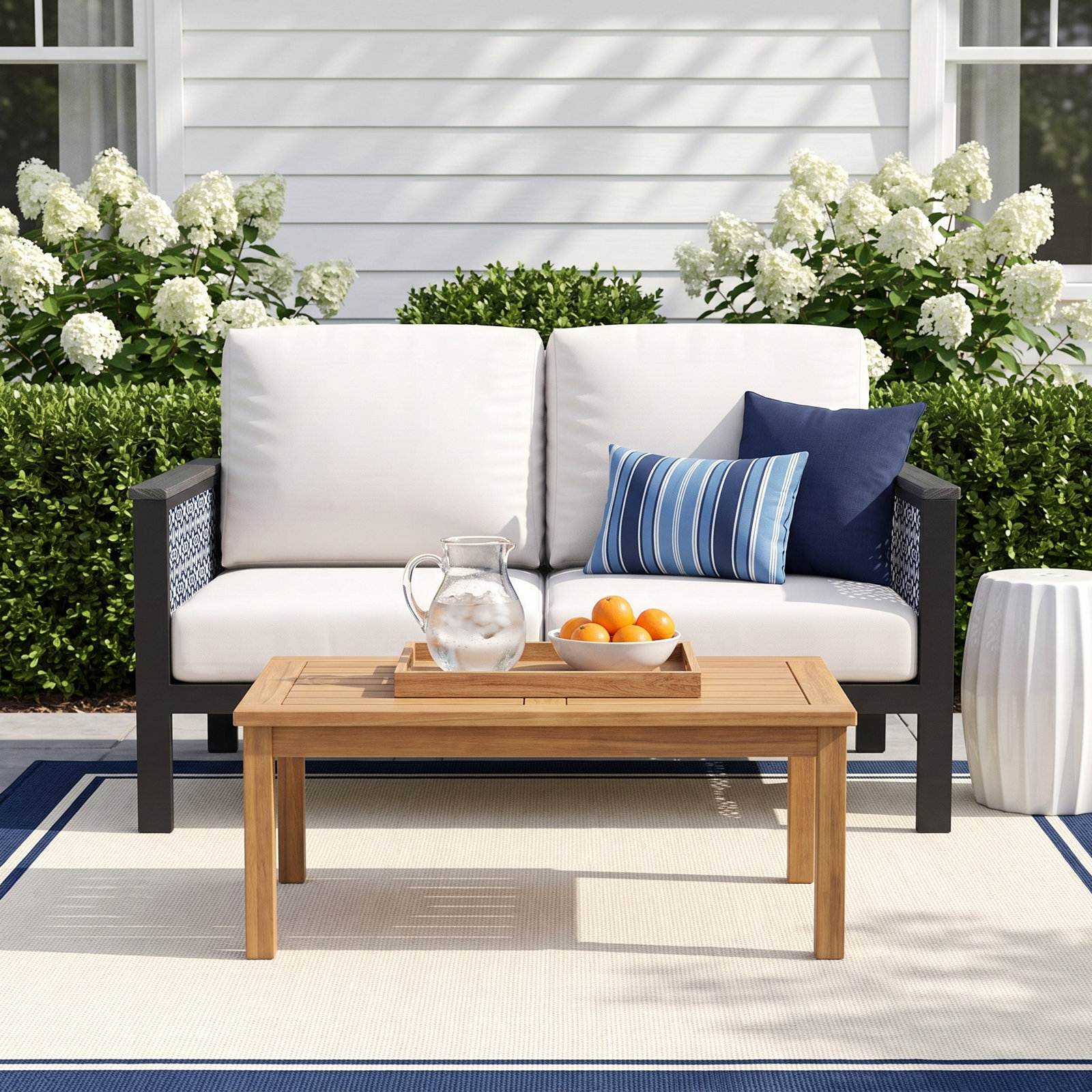 Townsend 55" Sunbrella® Patio Loveseat, Canvas White, Black/Lux Indigo Fabric