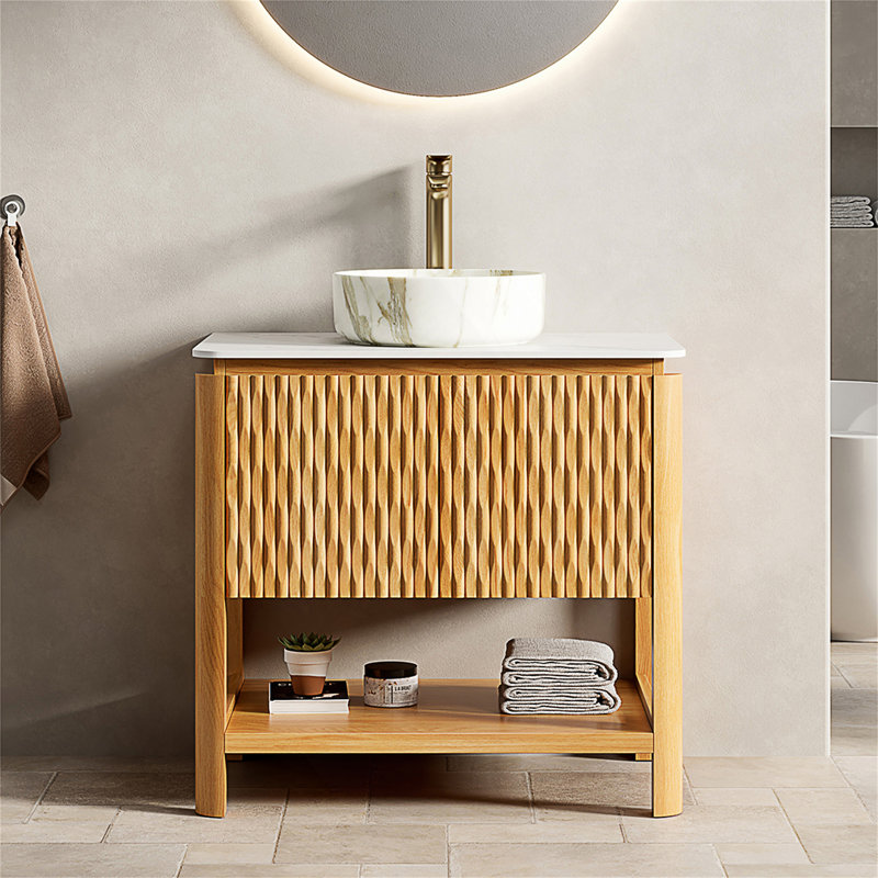 Meuble-lavabo autoportant avec plateau en pierre frittée et portes à fermeture en douceur