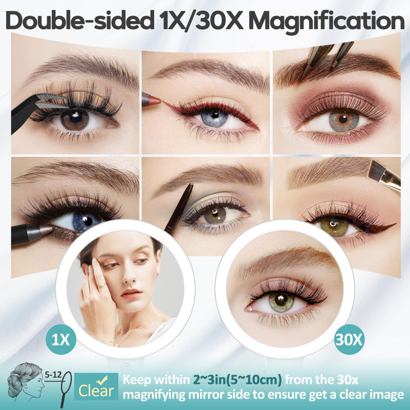 Magnifying Mirror With Light 30X, Double-Sided 1X/ 30X Magnifying With Tweezer, 2000Mah 3 Colour Modes With Adjustable Brightness,Foldable,(White)