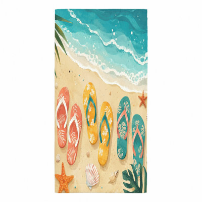 1PCS Tropical Beach Flip Flops Towel with Ocean Waves and Seashells, Perfect for, Travel, Swimming, Summer Fun