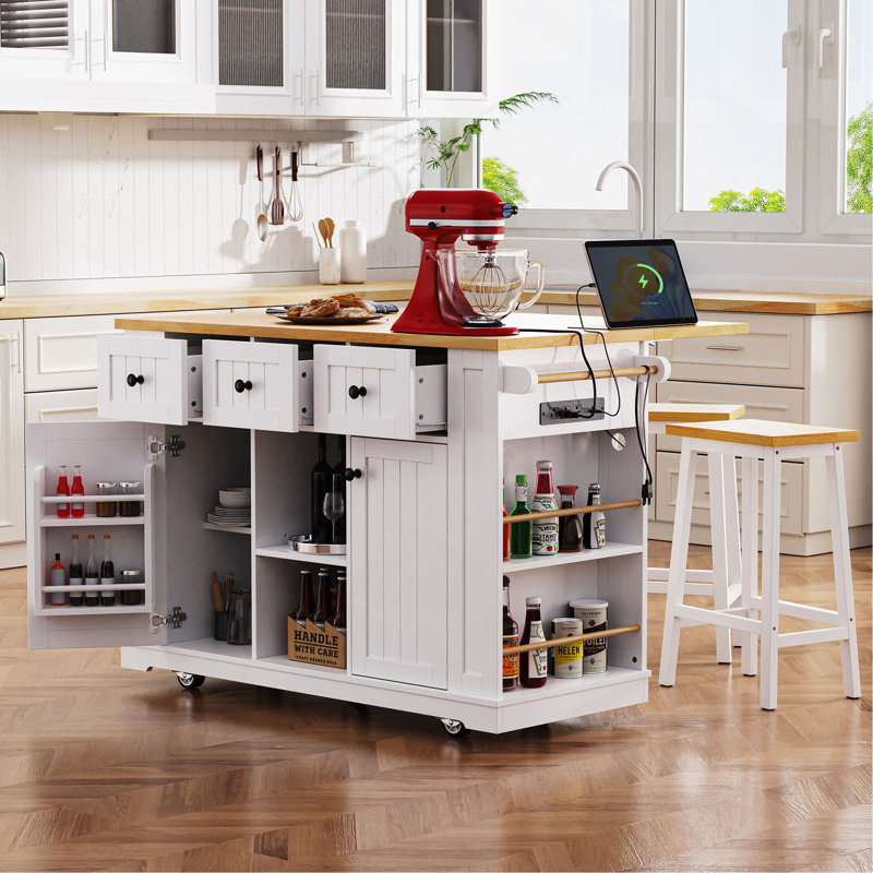 53Inch Large Kitchen Island With 2 Bar Stools, Power Outlet,Door Internal Storage Rack, Kitchen Storage Cart On 5 Wheels With Drop Leaf, 5 Open Side Racks, 3 Drawers, For Kitchen,Dining Room