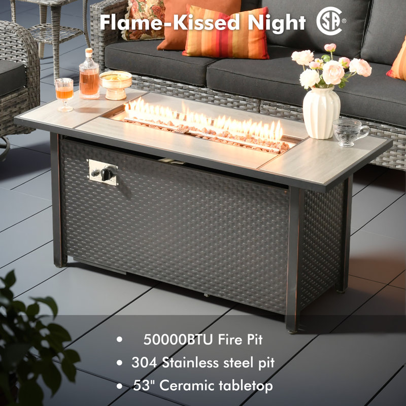 Harbin Wicker/rattan 9- Person Outdoor Seating Group With Ottoman With Fire Pit Table, Black