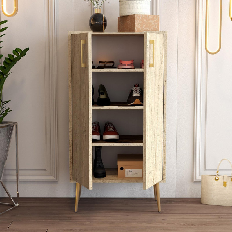 Modern Shoe Cabinet with Wall-Mount Option, Travertine Color, 23.6 x 43.7 x 13.8 inches | 100% Melamine Coated Particle Board, Metal Legs, Plastic Handle | Numerous Shelves for Stylish Shoe Storage