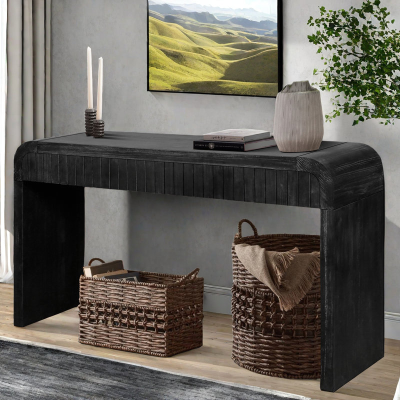 Farmhouse Avey Console Table With Two Hidden Handle Drawers And Curved Edge, Antique Black