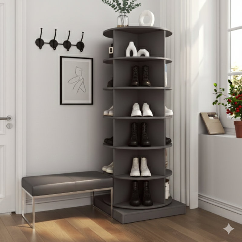 360-Degree Rotating Shoe Storage Carousel In Grey With Six Tiers, Gray