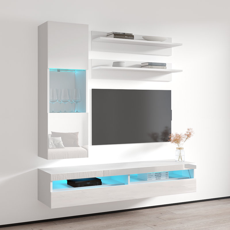 Lineville 63" Modern Floating Wall Mounted Entertainment Center with 16-Color LED Lighting, High Gloss Finish, White