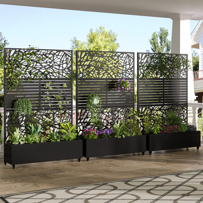 Ensemble de 3 jardin surélevé autoportant bicolore avec écran d'intimité Boîte à fleurs en métal avec treillis pour plante grimpante