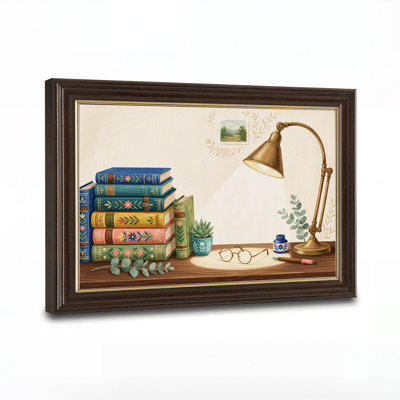 Stack of Colorful Books, Glasses, and Brass Desk Lamp Canvas Wall Art