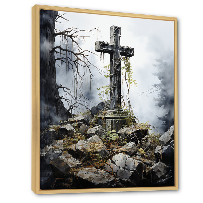 " Religious Cross Sacred Solace I ", 32" H x 24" W x 1" D, Natural Floater Framed