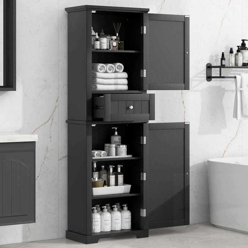Grande armoire de rangement autoportante pour salle de bain avec tiroir et tablette réglable, panneau de fibres à densité moyenne avec finition peinte