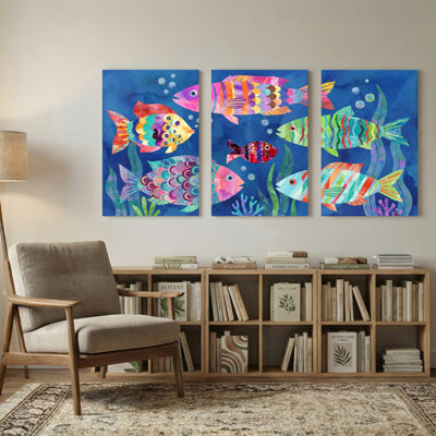Animals Colorful Fish Underwater Scene Pattern Print Set of 3 Canvas Wall Art Prints