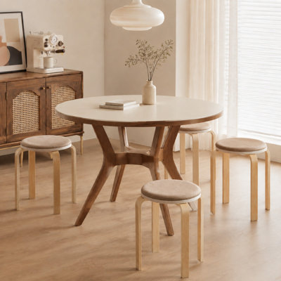 Scandinavian Solid Birch Wood Round Backless Stools with Upholstered Seat