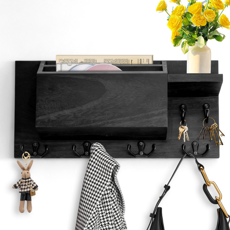 Mail Organizer For Wall Mount – Key Holder With Shelf Includes Letter Holder And Hooks For Hallway Farmhouse Decor – With Flush Mounting Hardware (15"x 7.9" X 3.2")-black