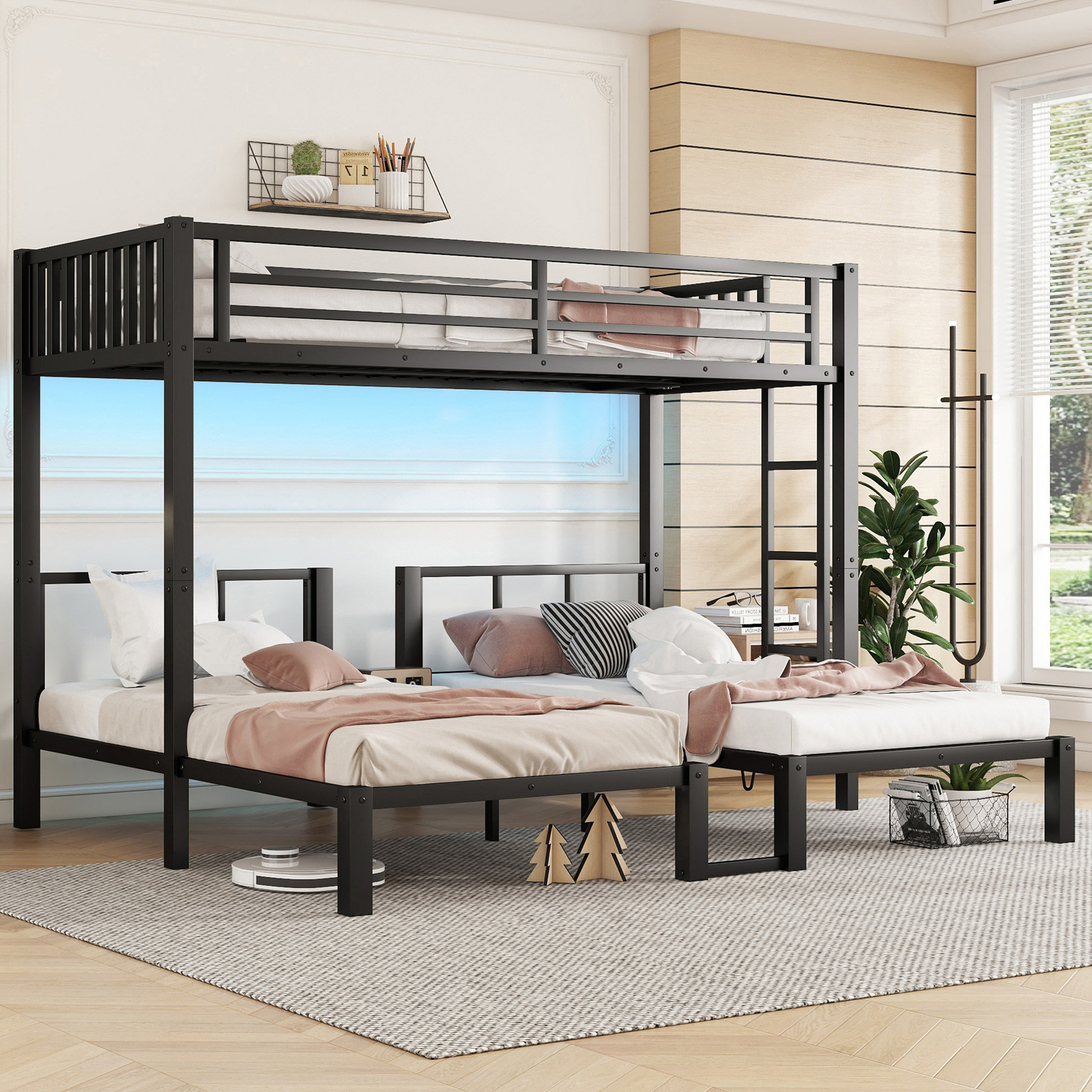 17 Stories Twin XL & Twin Over Twin Bunk Bed With LED, Metal Triple