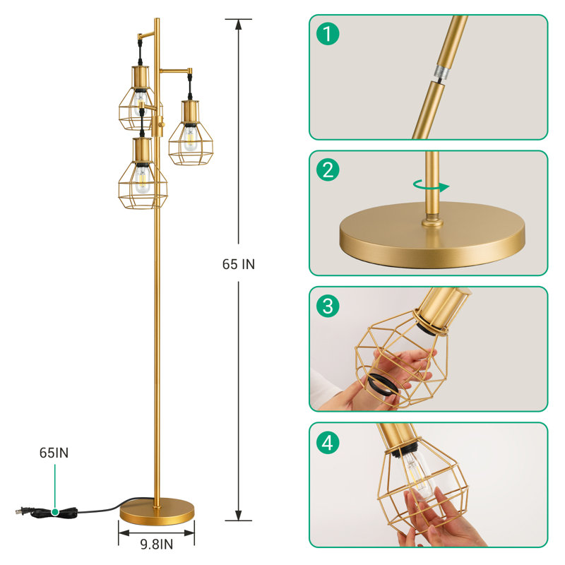 Zakaria 65'' Dimmable Tree Floor Lamp with 3 bulbs included, Gold