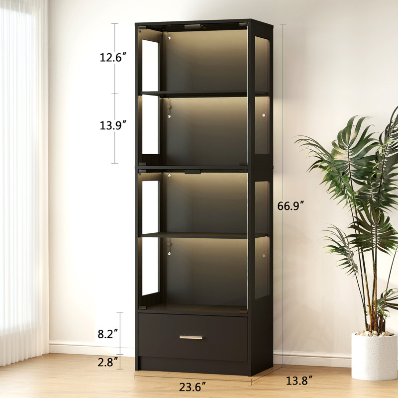 5-Tier Glass Display Cabinet with LED Lights & Adjustable Shelves & 1 Drawer, Black