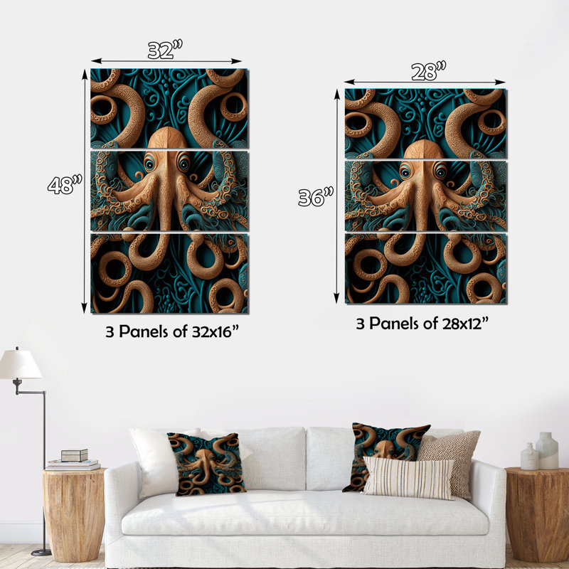 Ensemble de majestueux pieuvre sur toile - pieuvre animal, H 36 po x l 28 po x P 1 po