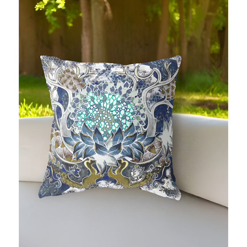 Zippered Suede Geometric Throw Pillow, Blue/White/Green Floral, 16"H x 16"W