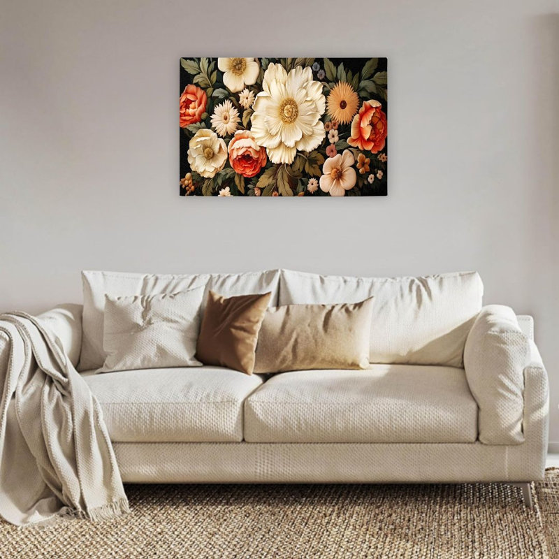 Bouquet de fleurs rétro, art mural encadré en bois à l'arrière, 36 x 24