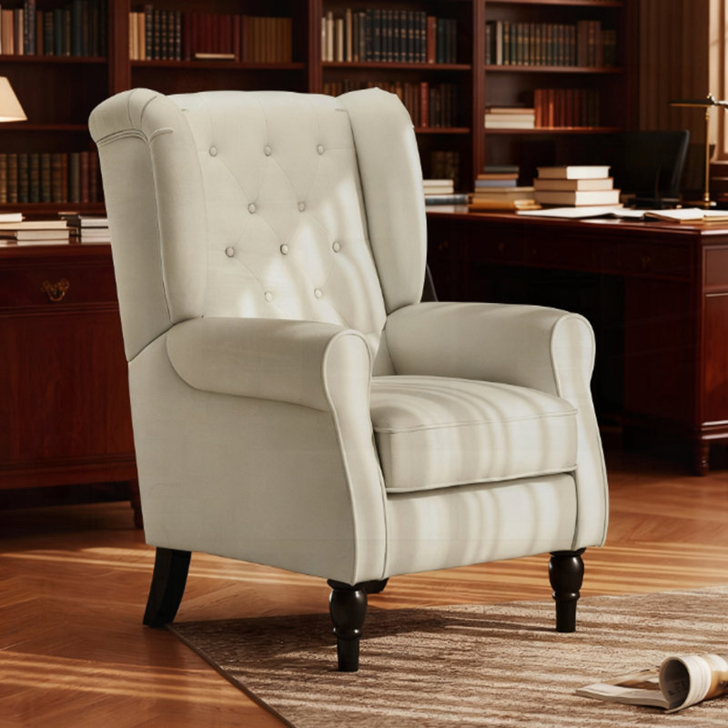 Button-Tufted Upholstered Fabric Armchair With Retro Wood Legs For Stylish Comfort And Timeless Appeal., Cream White
