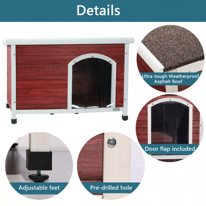 Niche pour chien d'extérieur moyenne en bois, toit imperméable, plancher surélevé, pieds en plastique réglables, rouge, Rouge