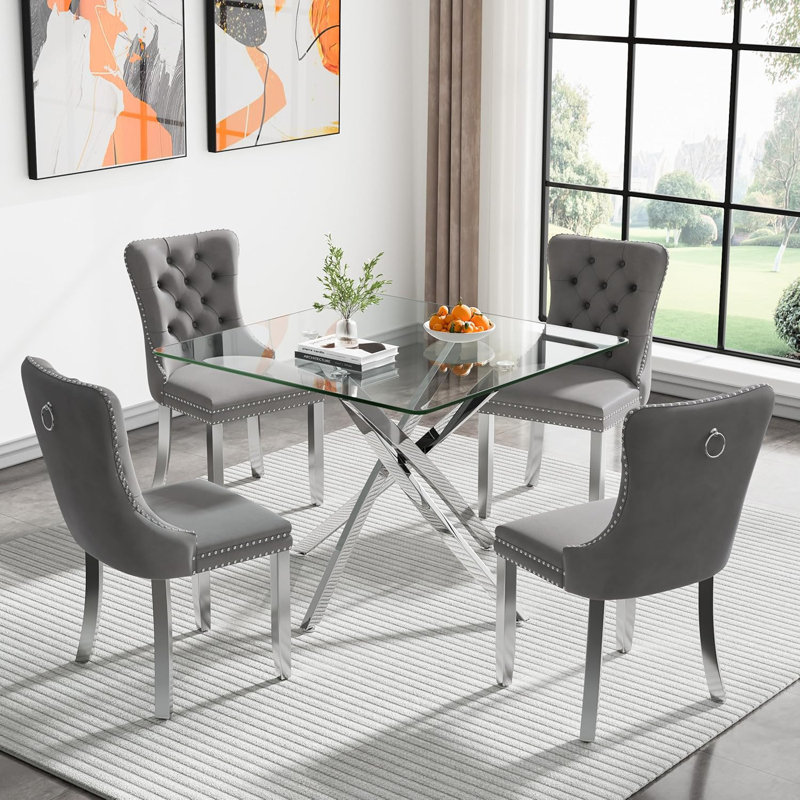 36" Square Dining Table Set for 4, Modern Glass Dining Room Table Set for 4, X-Shape Pedestal Glass Table with 4pcs Dining Chairs, 5 Piece Dining Set for Dining Living Room
