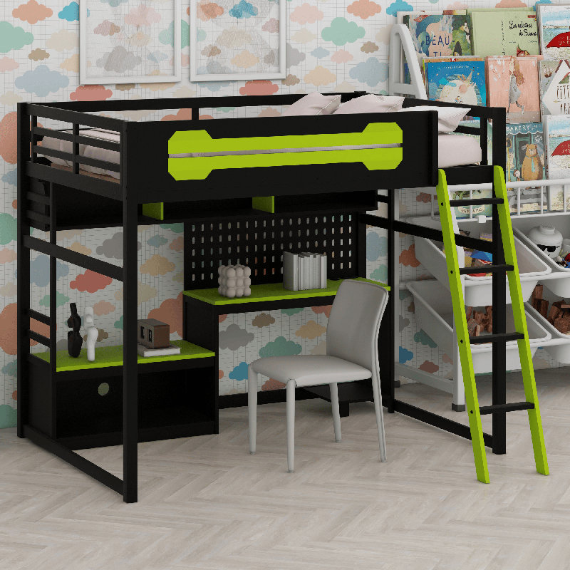 Lit mezzanine en bois avec bureau, Noir/vert