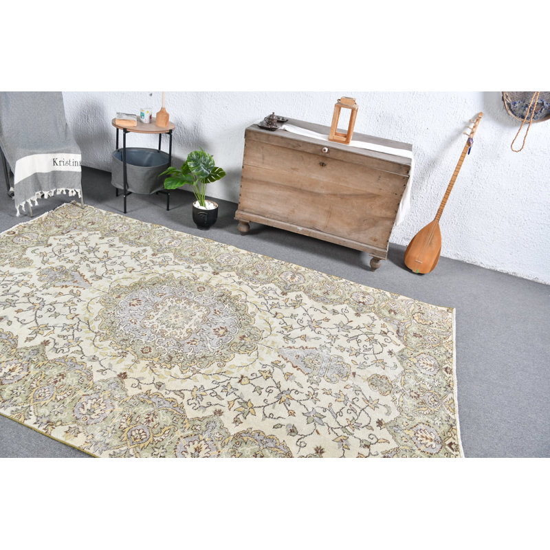 Tapis turc rétro en laine tissé à la main de style rétro Anatolian, parfait pour les salons spacieux beige / vert